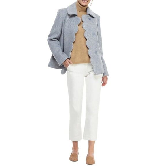 Gal Meets Glam Jackets & Blazers - Gal Meets Glam Scalloped Houndstooth Check Pea Coat XL Wool Blend Blue White